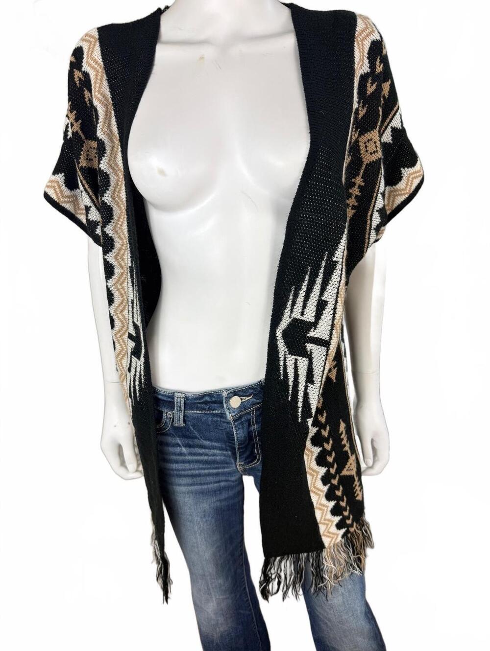 Oh Mg! Medium Black Beige White Aztec Pattern Knit Fringe Cardigan